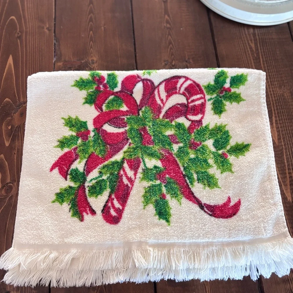 Holiday Candy Cane Decorative Hand Towel - White, Red & Green set of 2